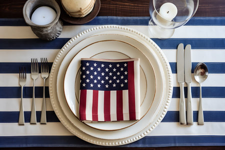 Patriotic table setting with American flag Independence Day. Happy Memorial Day. View from above. Generative AI.の素材