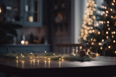 Blurred kitchen decorated for holiday with empty wooden table top. Background for display or montage your products. Close up. Generative AI.の素材
