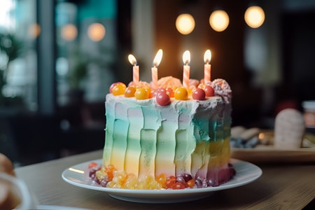 Happy birthday colorful pastel cake with four candles for child in cafe. Close up. Generative AI.の素材