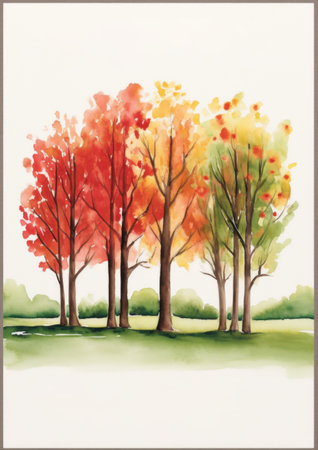 Painting fall trees in a row. Autumn watercolor landscape in green, red, yellow, orange colors. Seasonal wedding invitation. Generative AI.の素材