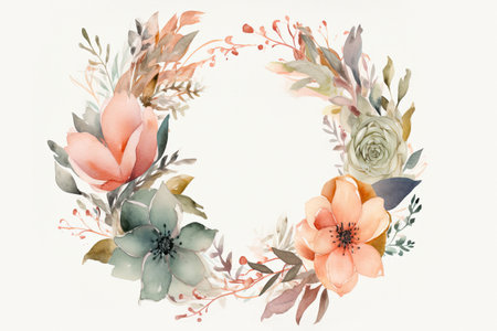 Watercolor floral wreath of summer wildflowers pastel pink and green flowers for wedding invitation isolated on white background. Generative AI.の素材