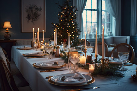 Luxurious living room in blue tones with candles is decorated for Christmas and is ready to receive guests and celebrate. Generative AI.の素材