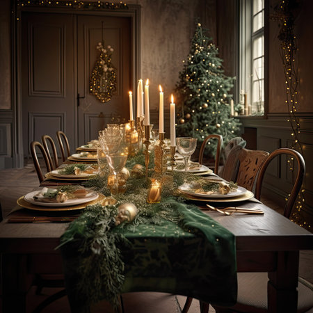 Luxurious living room in green tones with candles decorated for Christmas and ready celebrate. Festive family holiday dinner. Generative AI.の素材