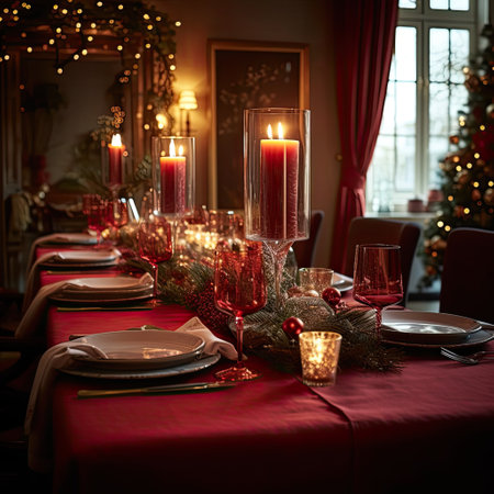 Luxurious living room decorated in red tones for Christmas and ready celebrate. Festive tablescapes and family holiday dinner. Modern designer interior. Generative AI.の素材