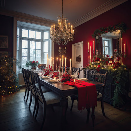 Beautiful living room decorated for holidays. Table served to the dinner. Designer interior. Generative AI.の素材