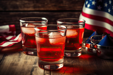 Freshness cocktails in USA flag color with strawberry and blueberry, ice cube on dark table. Close up. Generative AI.の素材