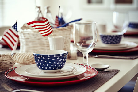 Patriotic table setting with empty plate and decoration in USA national flag colors. independence day. Happy Memorial Day. close up. Generative AI.の素材