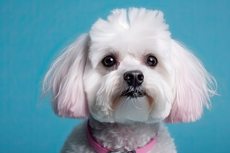 creative grooming. White maltese dog with pink haircut on blue background. Generative AI.の素材