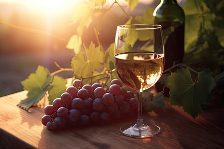 White wine in wineglass and bottle in backlight. summer landscape. Illustration. Generative AI.の素材