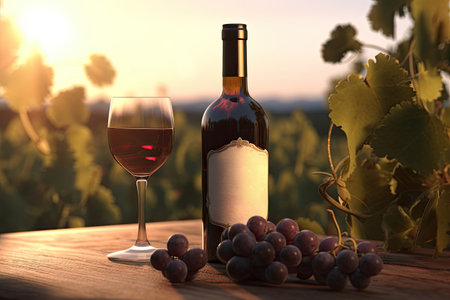 Red wine in wineglass and bottle on wooden table in backlight. summer landscape. copyspace. Illustration. Generative AI.の素材