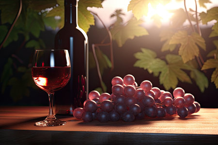 Red wine in wineglass and bottle on wooden table in backlight. summer landscape. copyspace. Illustration. Generative AI.の素材