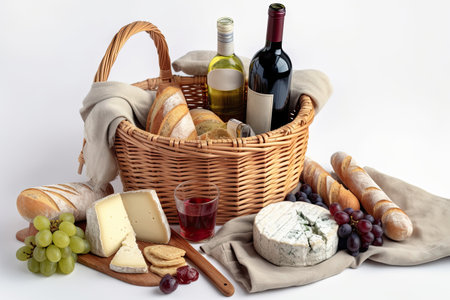 Wine bottle and picnic basket filled with wine, cheese, baguette isolated on white background. illustration. Generative AI.の素材
