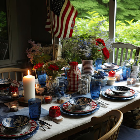 Patriotic tablescapes with decorations in USA national flag colors. independence day. Happy Memorial Day. Ourdoors. close up. Generative AI.の素材