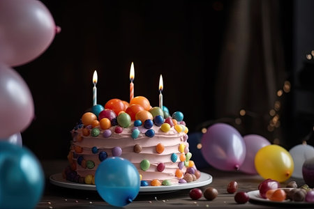 Happy birthday colorful pastel cake with three candles , balloons for child in cafe. 3 years old..Close up. Generative AI.の素材