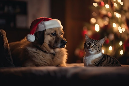 Friendly cat and dog lies near Christmas tree. Happy Xmas holiday. Merry Christmas. Generative AI.の素材