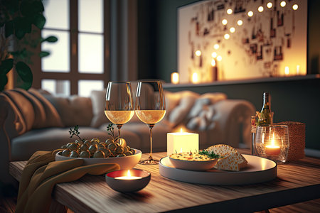 Romantic date or dinner for two at cozy home with red wine, set of different cheese with candles. Illustration. Generative AI.の素材