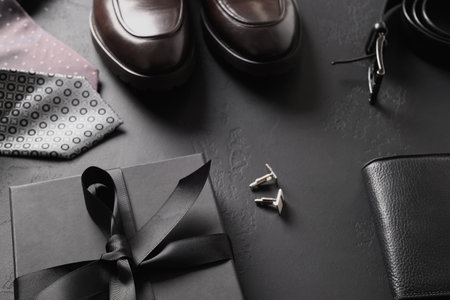 Happy Fathers Day greeting card. Black set of classic mens accessories and idea for gift - shoes,...