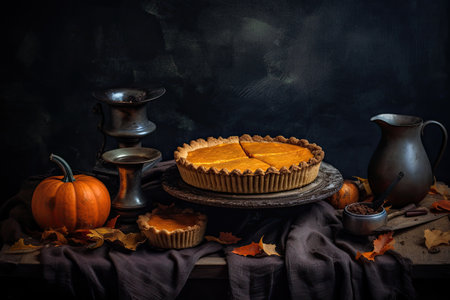 Still life with autumn Pumpkin pie for Thanksgiving day. Generative AI.の素材
