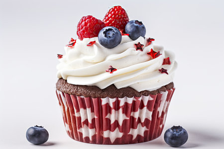American vanilla cupcake in color USA flag on white background. Food for Patriotic Independence Day 4th of july. Generative AI.の素材