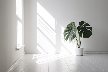 White empty room with single monstera plant. Scandinavian interior. Copy space. Generative AI.の素材