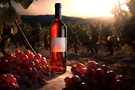 Bottle of red wine on wooden table in backlight. Summer vineyard landscape. Copy space. Illustration. Generative AI.の素材