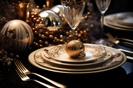 New Year table setting with black and golden decorations for festive dinner or night party. Close up. Generative AI.の素材