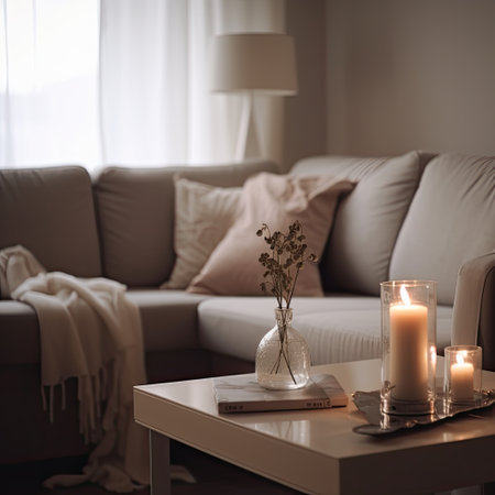 Cozy modern living room for relax, reading and comfort with candles. Generative AI.の素材