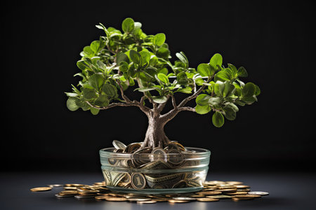 Vase with coins, cash, dollars, money and growing tree from her on black backgrouns. Concept of business growth without venture capital money. Close up. Generative AI.の素材