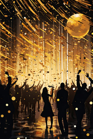 Happy people celebrate and dance New Year and Christmas at cafe. Nightlife. Vertical format. Generative AI.の素材