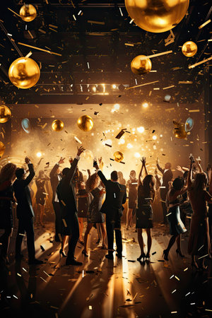 Happy people celebrate and dance New Year and Christmas at cafe. Nightlife. Vertical format. Generative AI.の素材