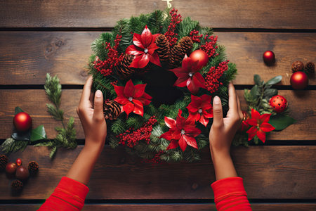 Christmas wreath of natural evergreen branches with pine cones , poinsettia in woman hands on brown wooden background. Festive decoration for Xmas holiday. View from above. Generative AI.の素材