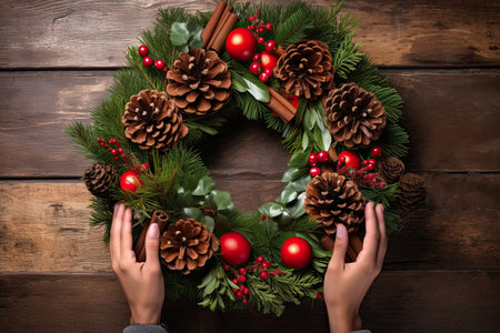 Christmas wreath of natural evergreen branches with pine cones in woman hands on brown wooden background. Festive decoration for Xmas holiday. View from above. Generative AI.の素材