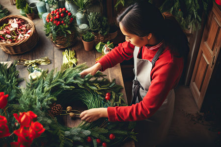 Asian woman make traditional Christmas wreath of natural evergreen branches and pine cones at her florist shop. Xmas holiday. Generative AI.の素材
