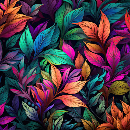 Foliage pattern of colorful orange, blue and dark green leaves on black background. Generative AI.の素材