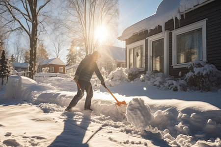 Snow removal. Man clearing snow on the road near rural house by shovel after snowfall. Outdoors. Generative AI.の素材