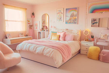 Vibrant pastel girly bedroom, living space, cozy couch, pastel pillows and colorful art at the walls. Creating a modern interior. Generative AI.の素材
