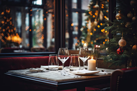 Christmas table setting with luxury decoration. Festive interior for dinner in cafe or restaurant. Xmas holiday. Generative AI.の素材