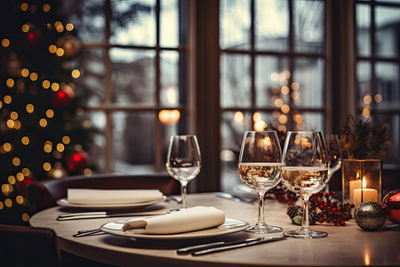 Christmas table setting with luxury decoration. Festive interior for dinner in cafe or restaurant. Xmas holiday. Generative AI.の素材