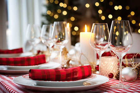 Christmas table setting with red and white decoration. Festive interior for dinner at home. Xmas holiday. Generative AI.の素材