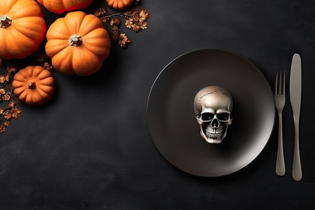 Halloween table setting with skull, pumpkins, spider and candles on black background. copyspace. view from above. Generative AI.の素材