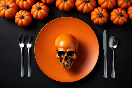 Halloween table setting with orange plate, skull, pumpkins on black background. view from above. Generative AI.の素材