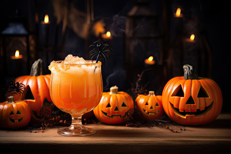 Halloween drink in glass with ice cube and sugar rim on black background with pumpkins and candles. close up. Generative AI.の素材