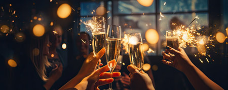 Festive New Year's toast with wishes of happiness, people clinking glasses of tasty champagne at party. Christmas celebrating or New Year party. close up. Generative AI.の素材