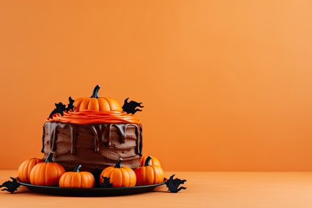 Halloween chocolate tiered cake decorated with cute creative bat, pumpkins on orange background. copyspace. Generative AI.の素材
