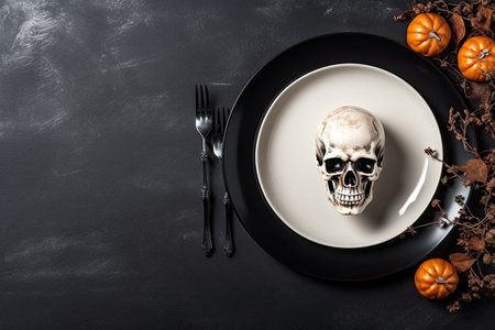 Spooky Halloween table setting with white skull, pumpkins, spider and candles. view from above. Copyspace, Generative AI.の素材