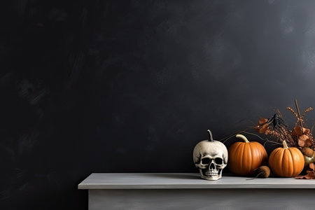 Halloween decorative composition with skulls, pumpkins on shelf. minimalist style. copyspace. close up. Generative AI.の素材