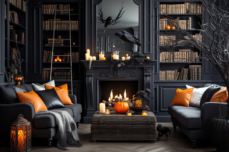 Living room decorated for Halloween. Creative modern interior design. Generative AI.の素材
