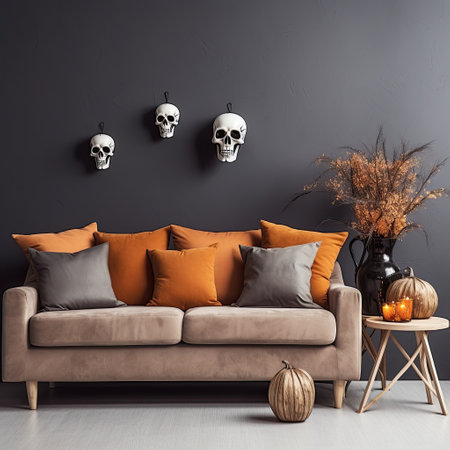 Living room decorated for Halloween with pumpkin and skull . Creative modern interior design. close up. Generative AI.の素材