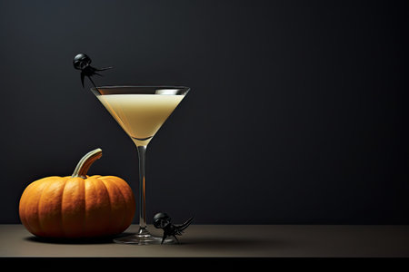 Halloween drink and pumpkin on black background. minimalist style. close up. copyspace. Generative AI.の素材