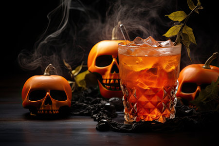 Halloween drink in glass with ice cube on black background with pumpkins and candles. close up. Generative AI.の素材
